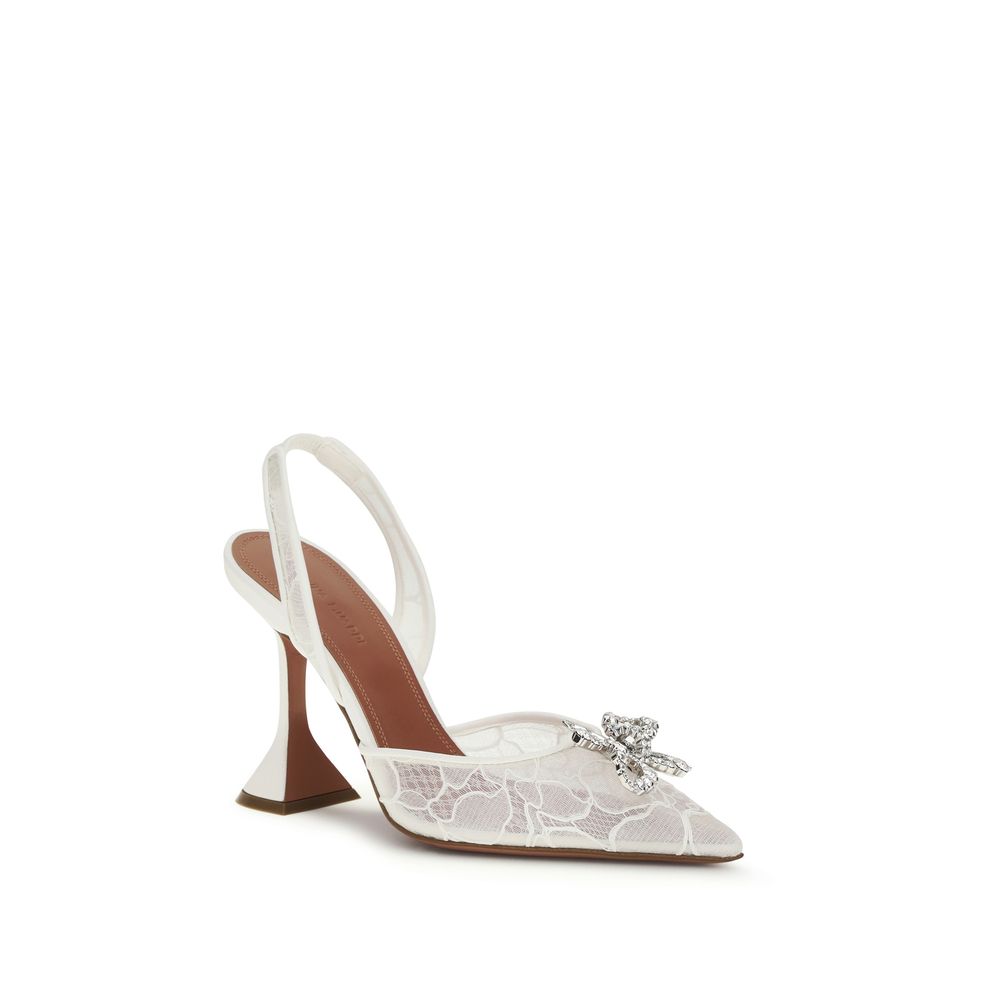 Amina Muaddi White Fabric Slingback Pumps