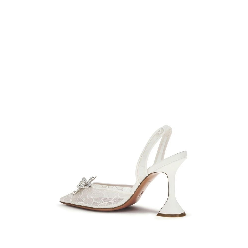 Amina Muaddi White Fabric Slingback Pumps