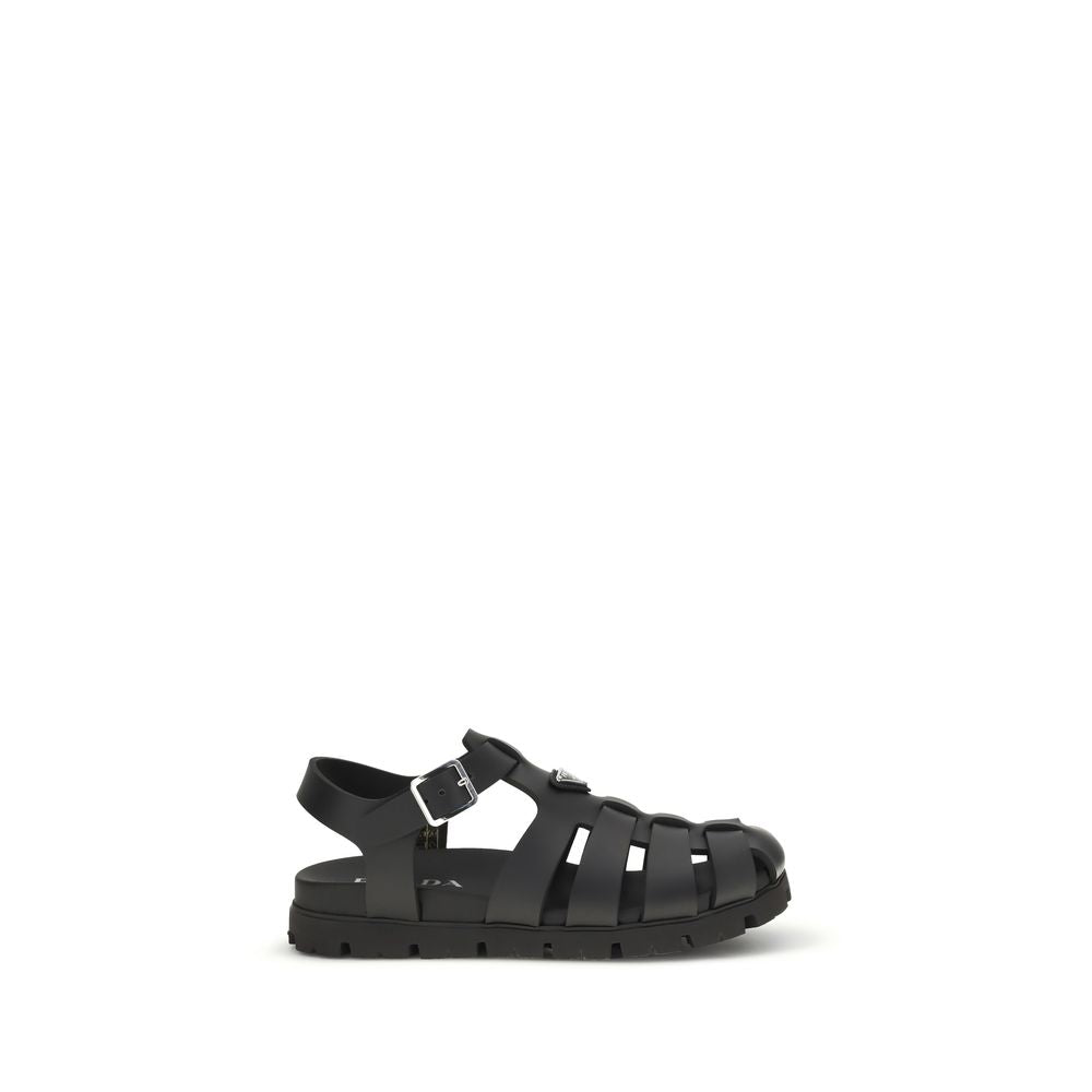 Prada Black Calf Leather Flat Sandals