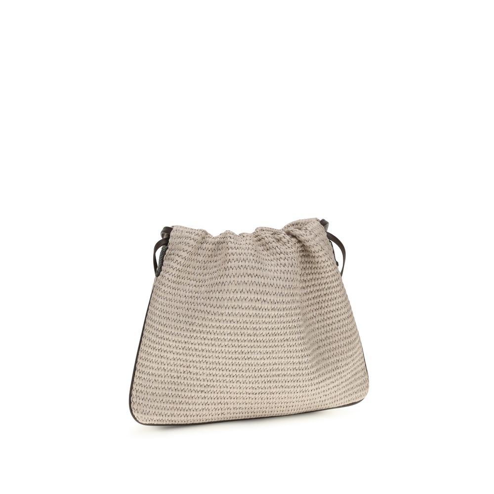 Brunello Cucinelli Beige Raffia Cotton Shoulder Bag