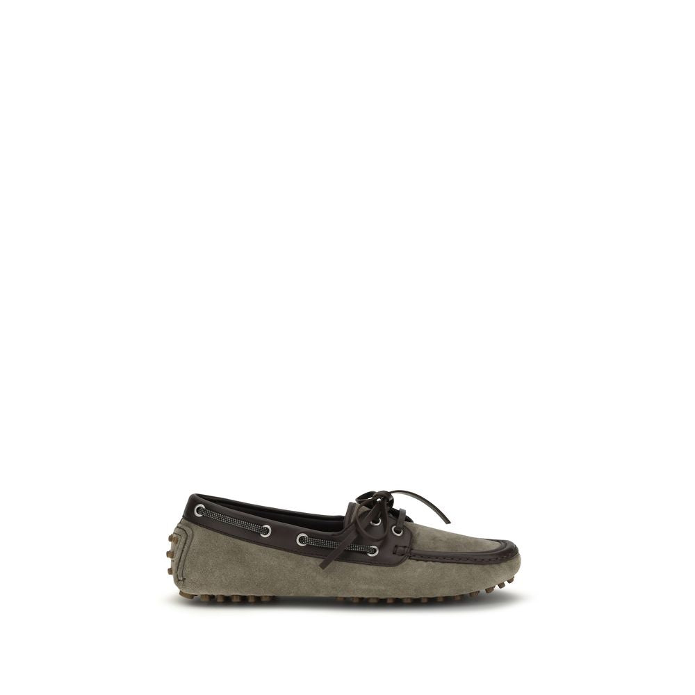 Brunello Cucinelli Gray Calf Leather Suede Slip-On Loafers