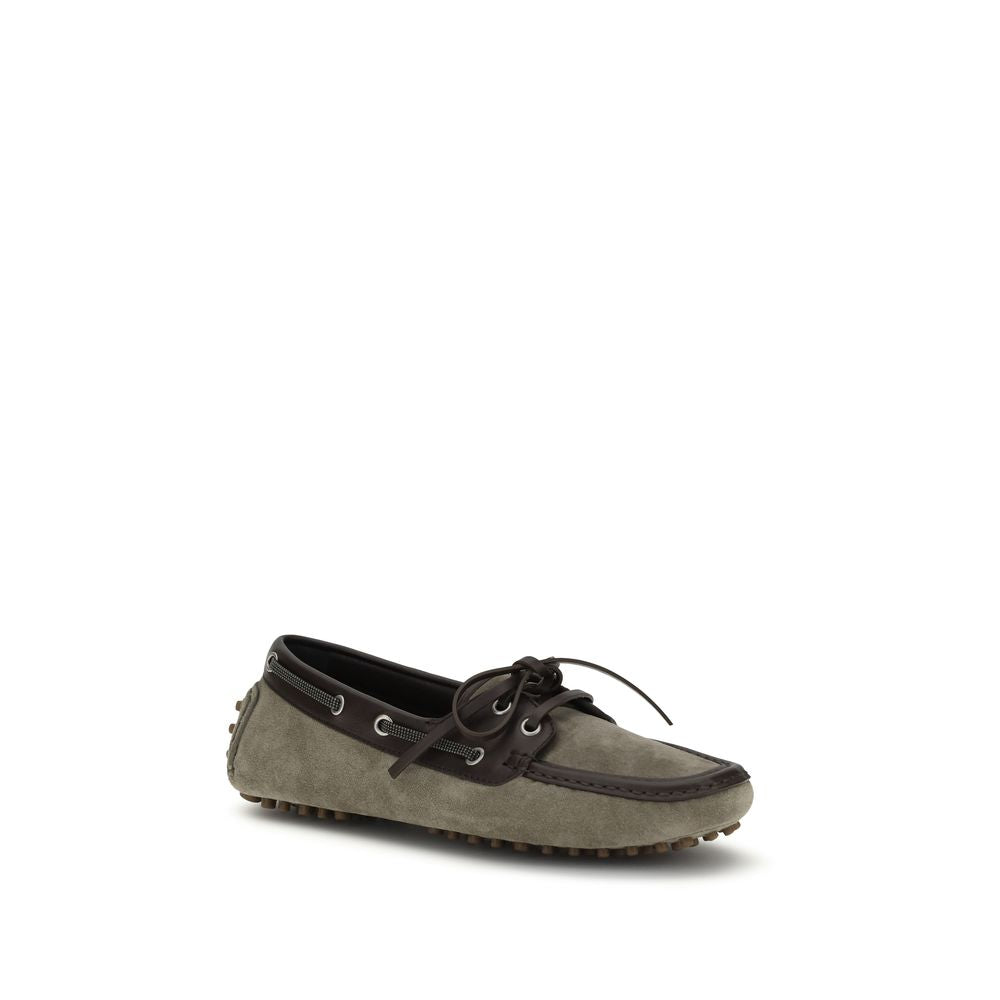Brunello Cucinelli Gray Calf Leather Suede Slip-On Loafers