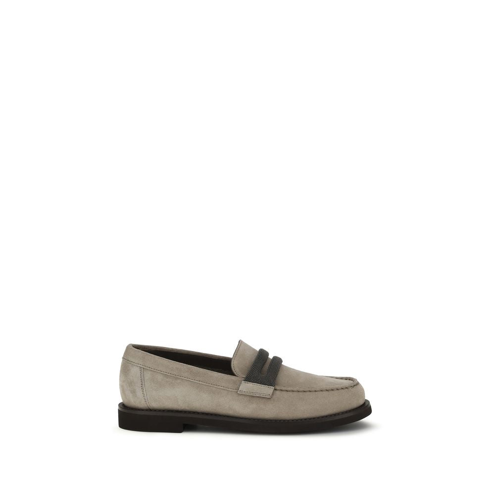 Brunello Cucinelli Gray Calf Leather Slip-On Loafers