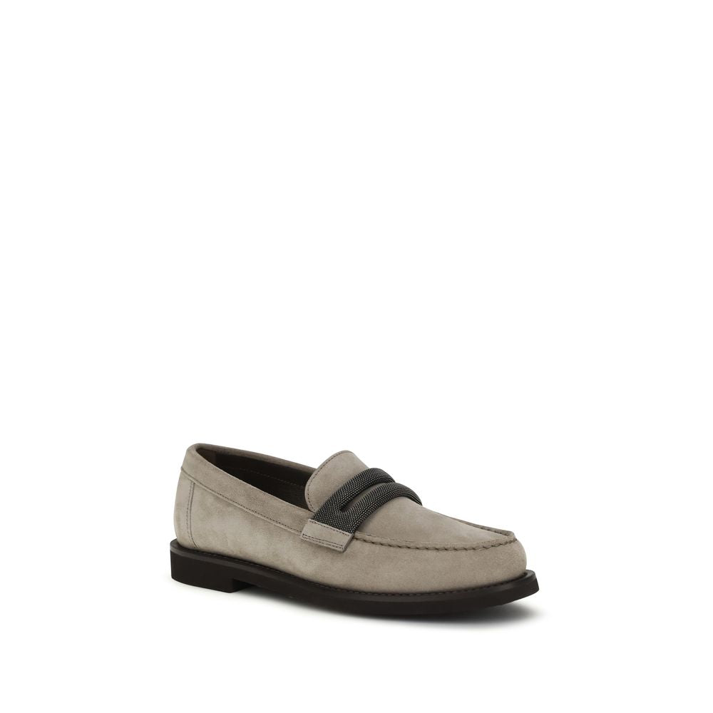 Brunello Cucinelli Gray Calf Leather Slip-On Loafers