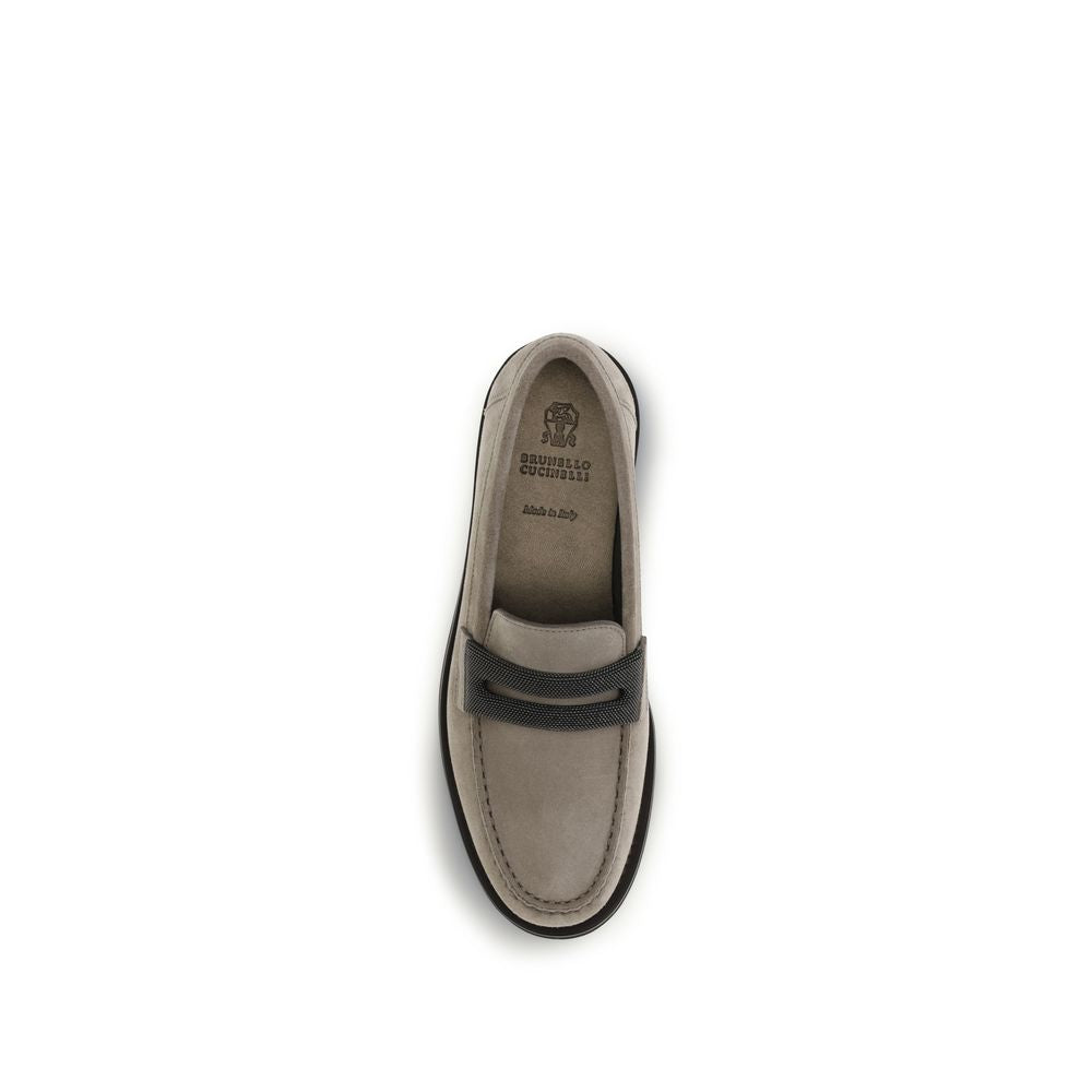 Brunello Cucinelli Gray Calf Leather Slip-On Loafers
