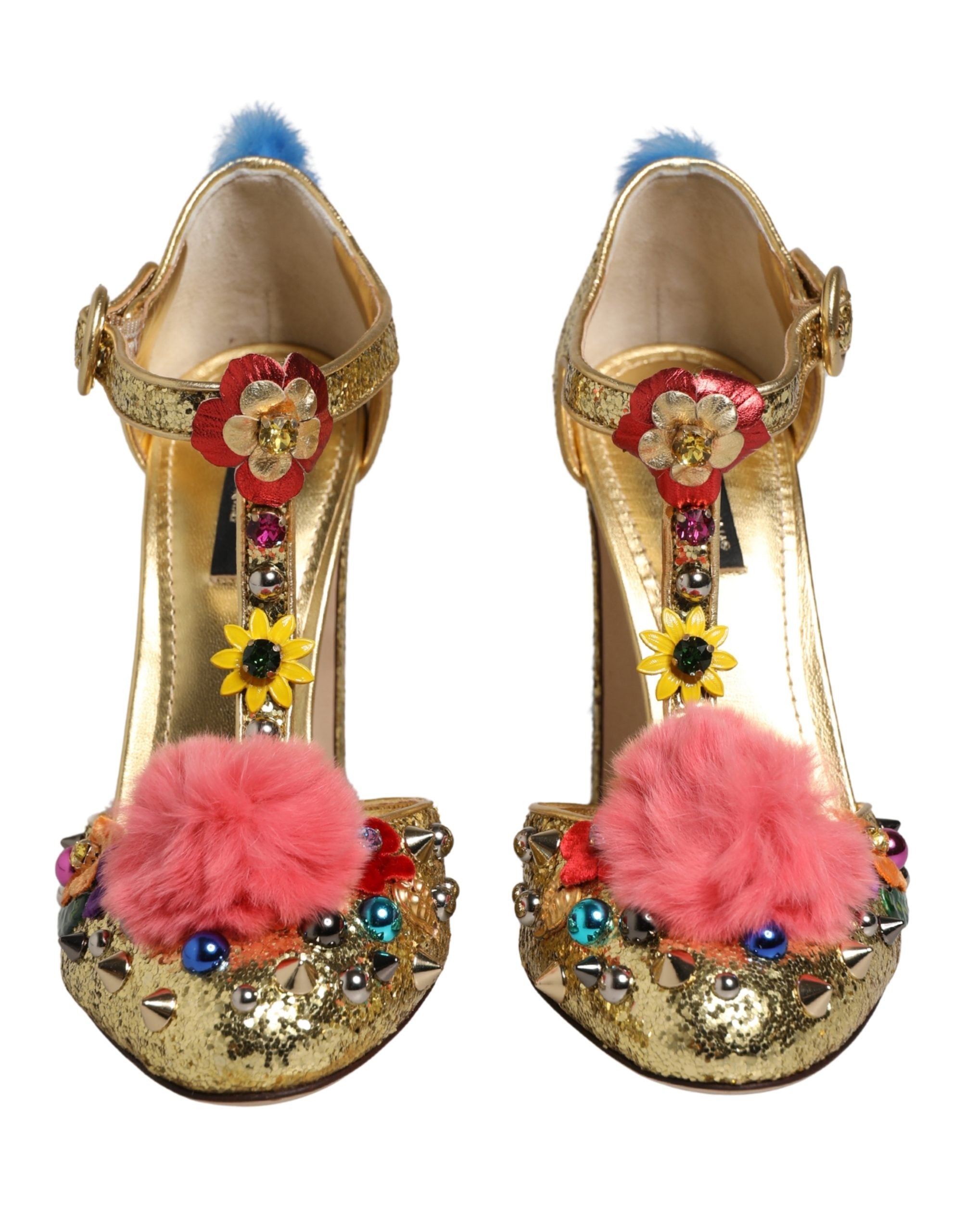 Dolce & Gabbana Gold Glitter Fur-Trimmed Heels Sandals
