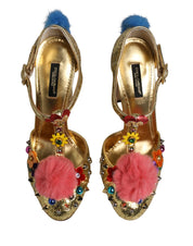 Dolce & Gabbana Gold Glitter Fur-Trimmed Heels Sandals