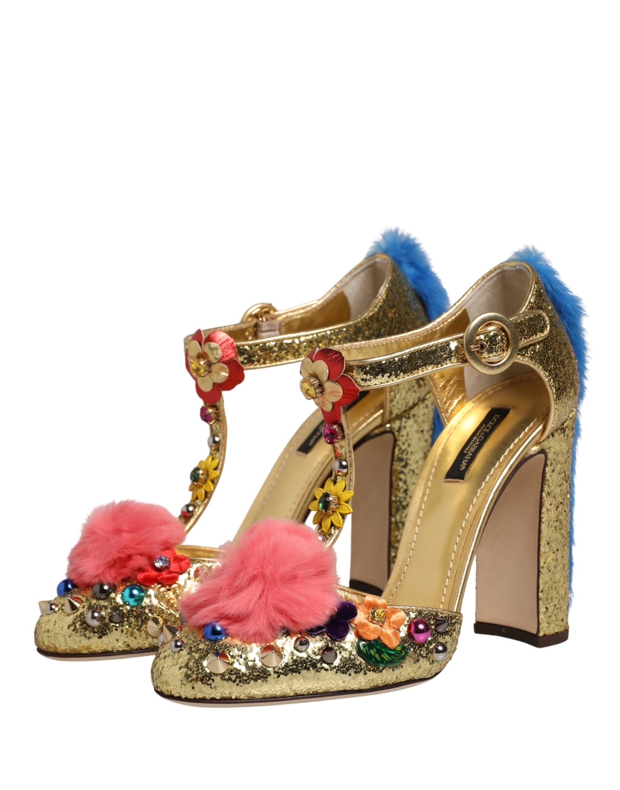 Dolce & Gabbana Gold Glitter Fur-Trimmed Heels Sandals