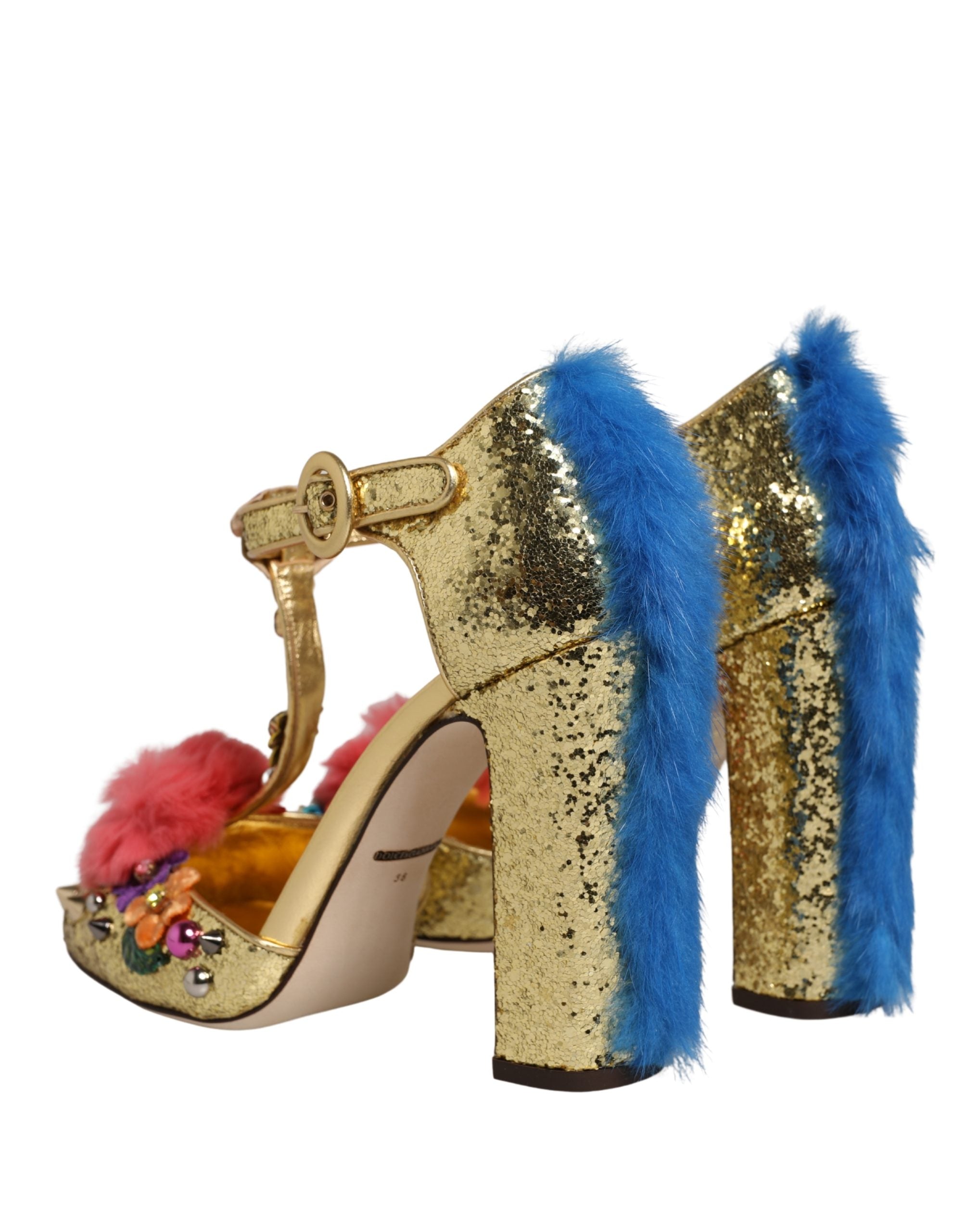 Dolce & Gabbana Gold Glitter Fur-Trimmed Heels Sandals