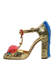 Dolce & Gabbana Gold Glitter Fur-Trimmed Heels Sandals