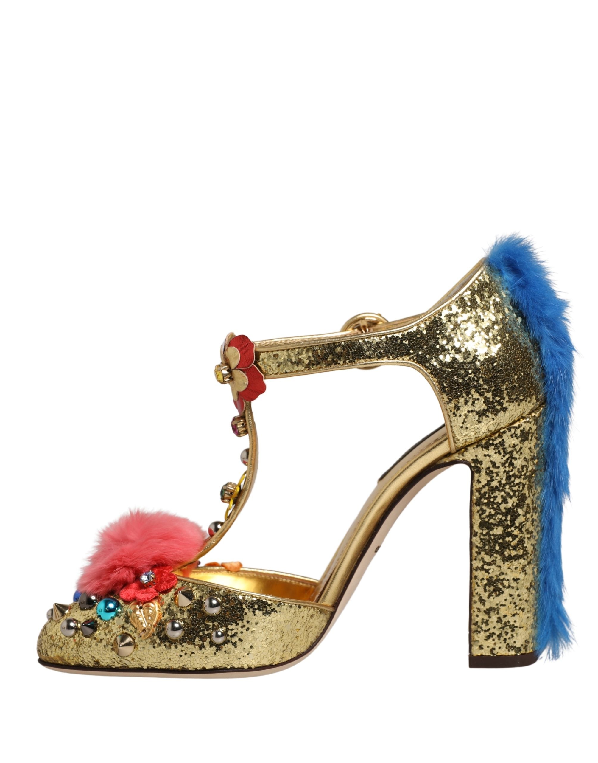 Dolce & Gabbana Gold Glitter Fur-Trimmed Heels Sandals