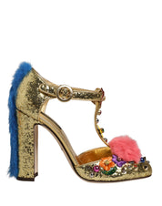 Dolce & Gabbana Gold Glitter Fur-Trimmed Heels Sandals