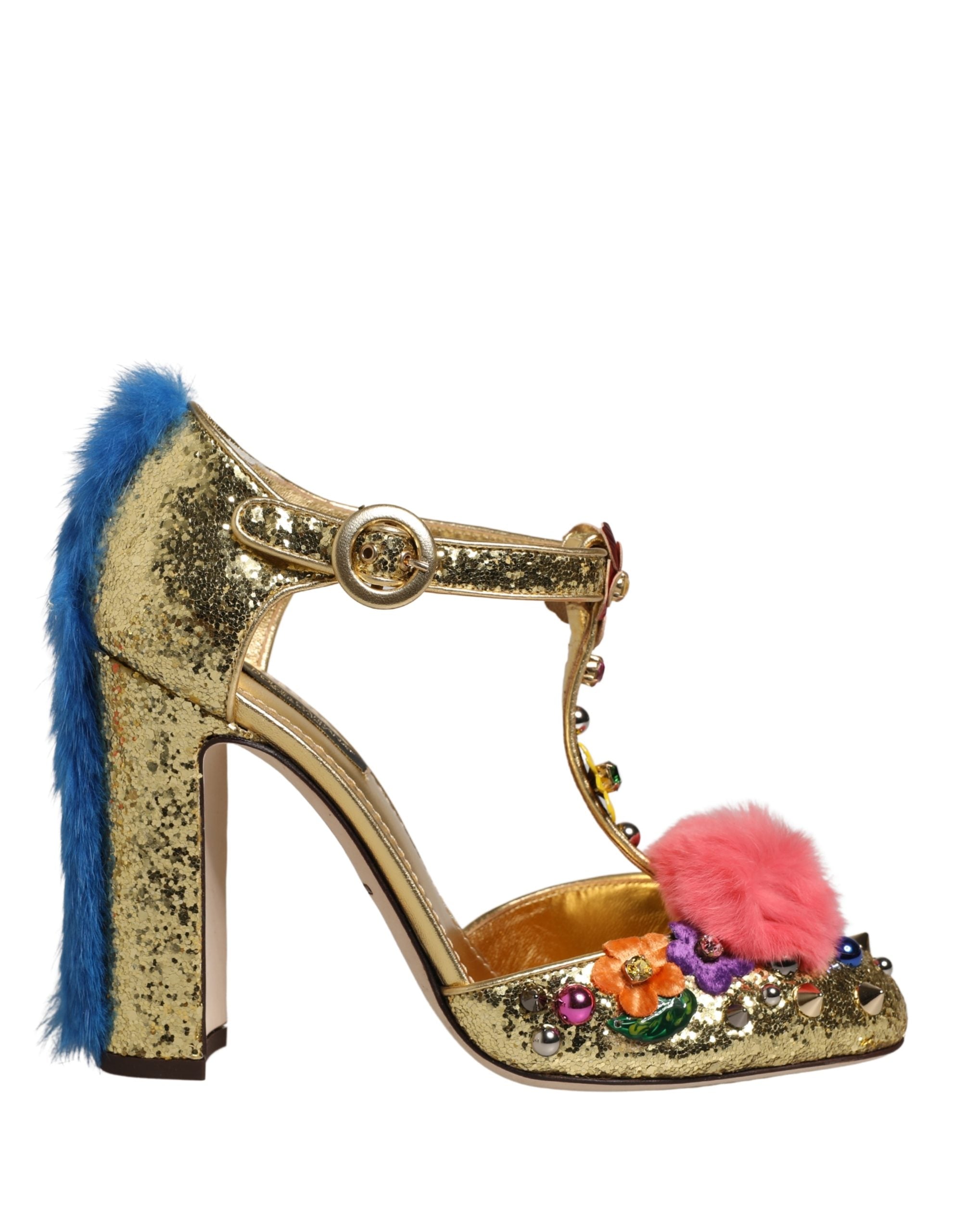 Dolce & Gabbana Gold Glitter Fur-Trimmed Heels Sandals