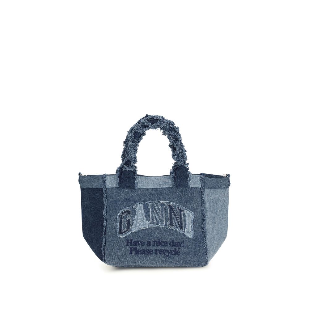 Ganni Blue Cotton Denim Trapeze Shopper