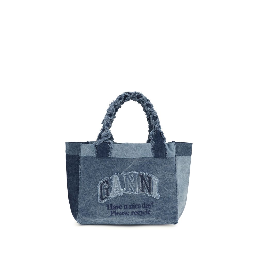 Ganni Blue Cotton Denim Trapeze Shopper