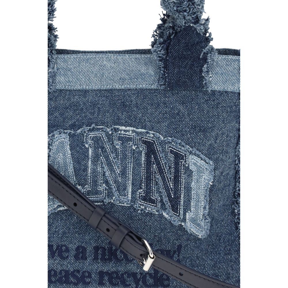 Ganni Blue Cotton Denim Trapeze Shopper