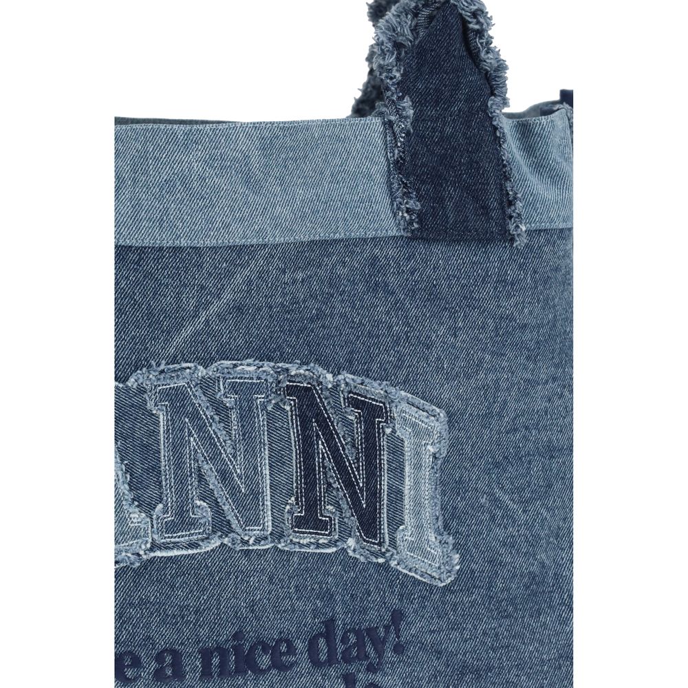 Ganni Blue Cotton Denim Trapeze Shopper