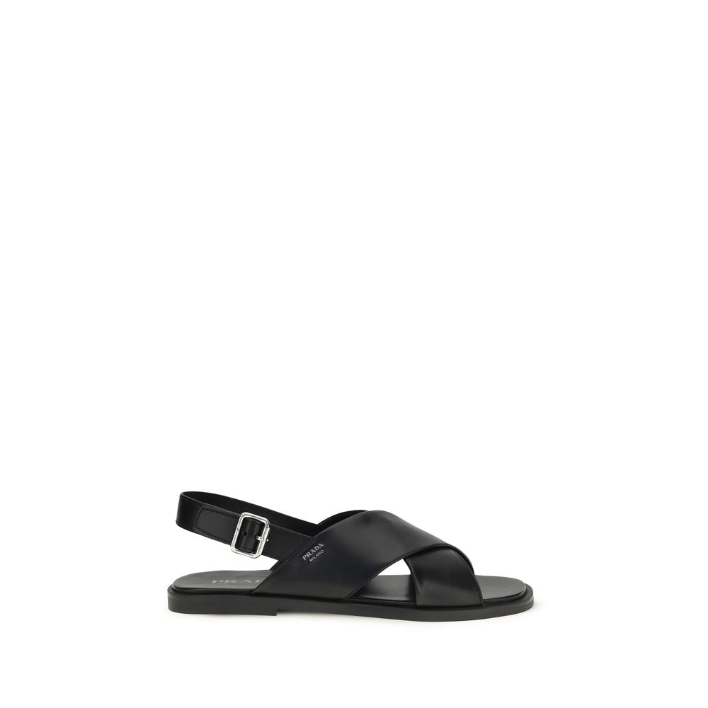 Prada Black Saffiano Leather Flat Sandals