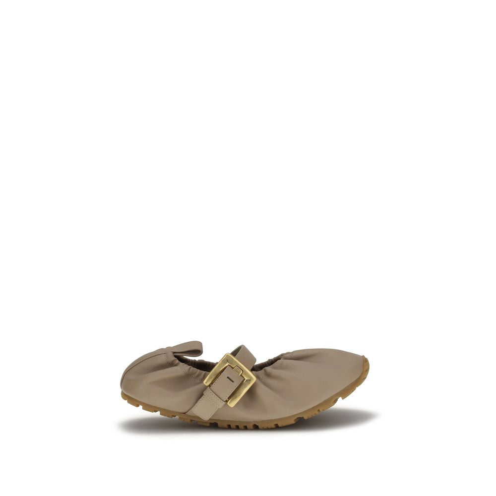 Balmain Beige Calf Leather Buckle Ballet Flats