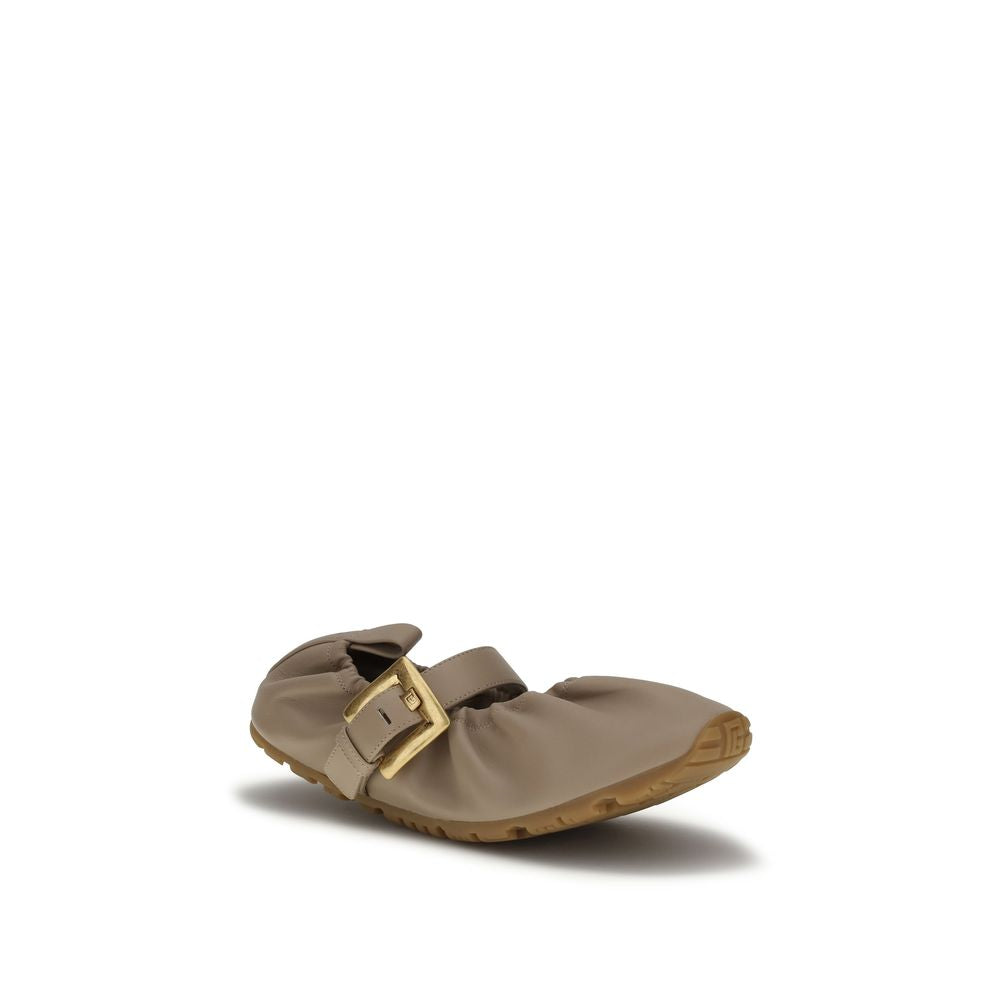 Balmain Beige Calf Leather Buckle Ballet Flats