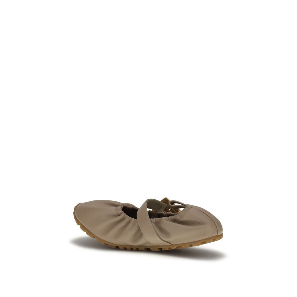 Balmain Beige Calf Leather Buckle Ballet Flats