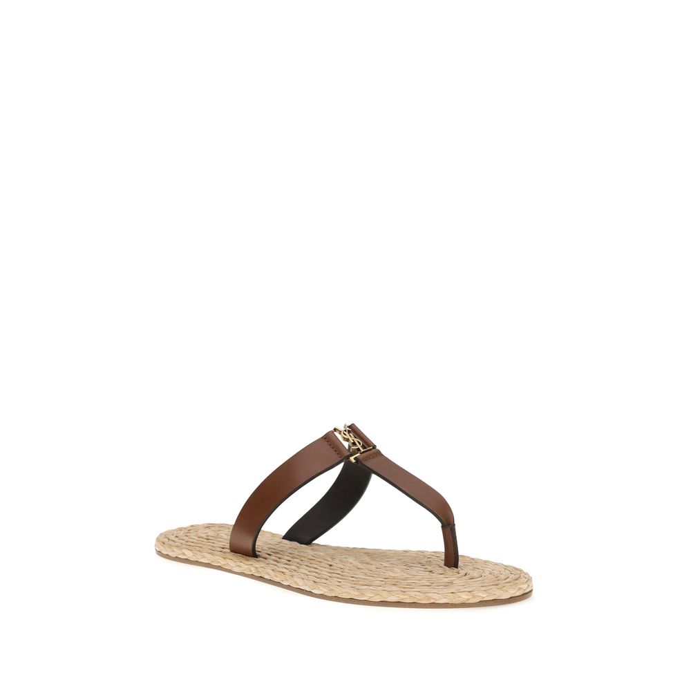 Saint Laurent Brown Calf Leather Thong Sandals