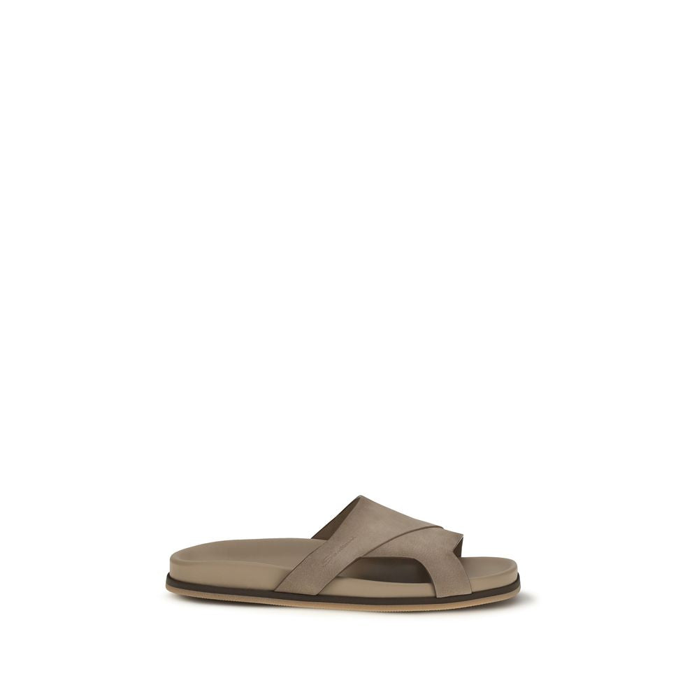 Santoni Beige Calf Leather Flat Sandals
