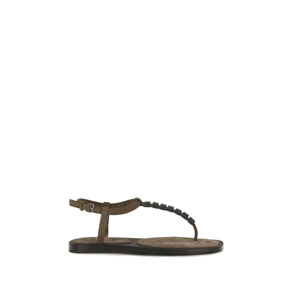 Brunello Cucinelli Brown Calf Leather Flat Sandals