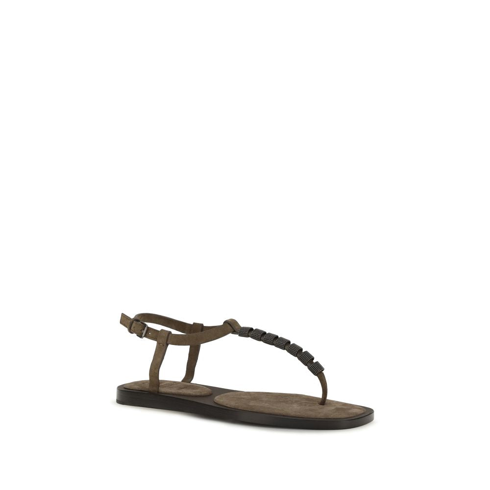 Brunello Cucinelli Brown Calf Leather Flat Sandals