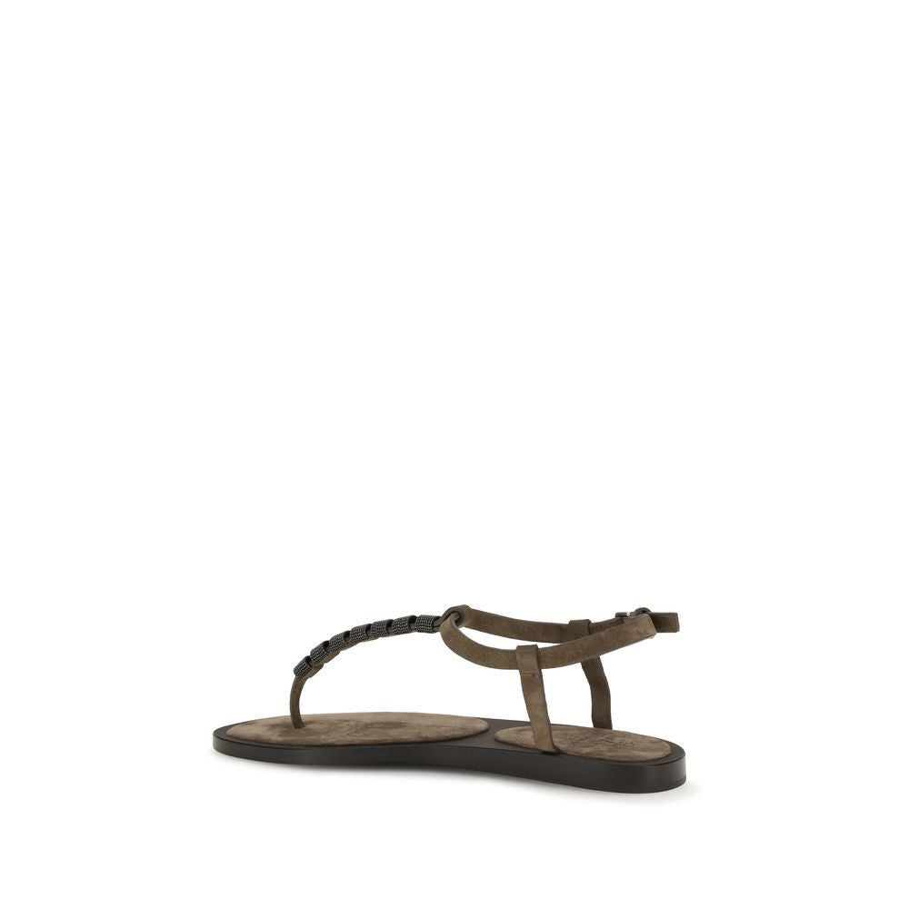 Brunello Cucinelli Brown Calf Leather Flat Sandals