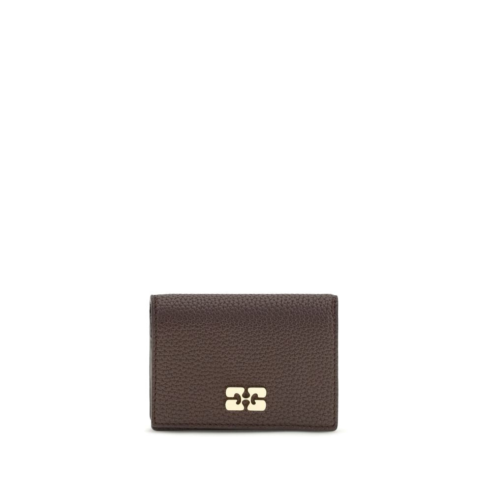 Ganni Brown Grained Leather Flap Card Holder
