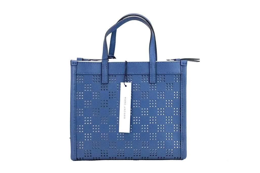 Marc Jacobs Blue Perforated Pebbled Leather Mini Grind Crossbody Tote Bag