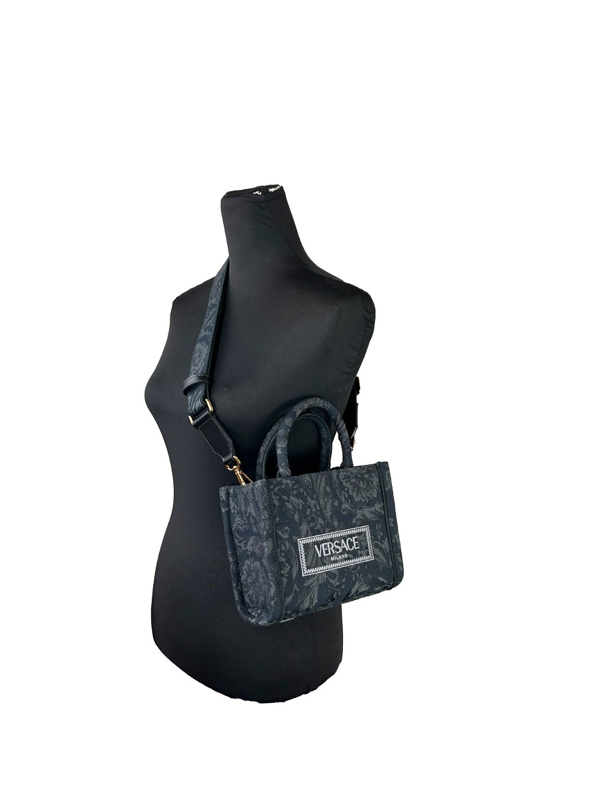 Versace Black Extra Small Athena Shopping Bag in Jacquard and Calf Leather