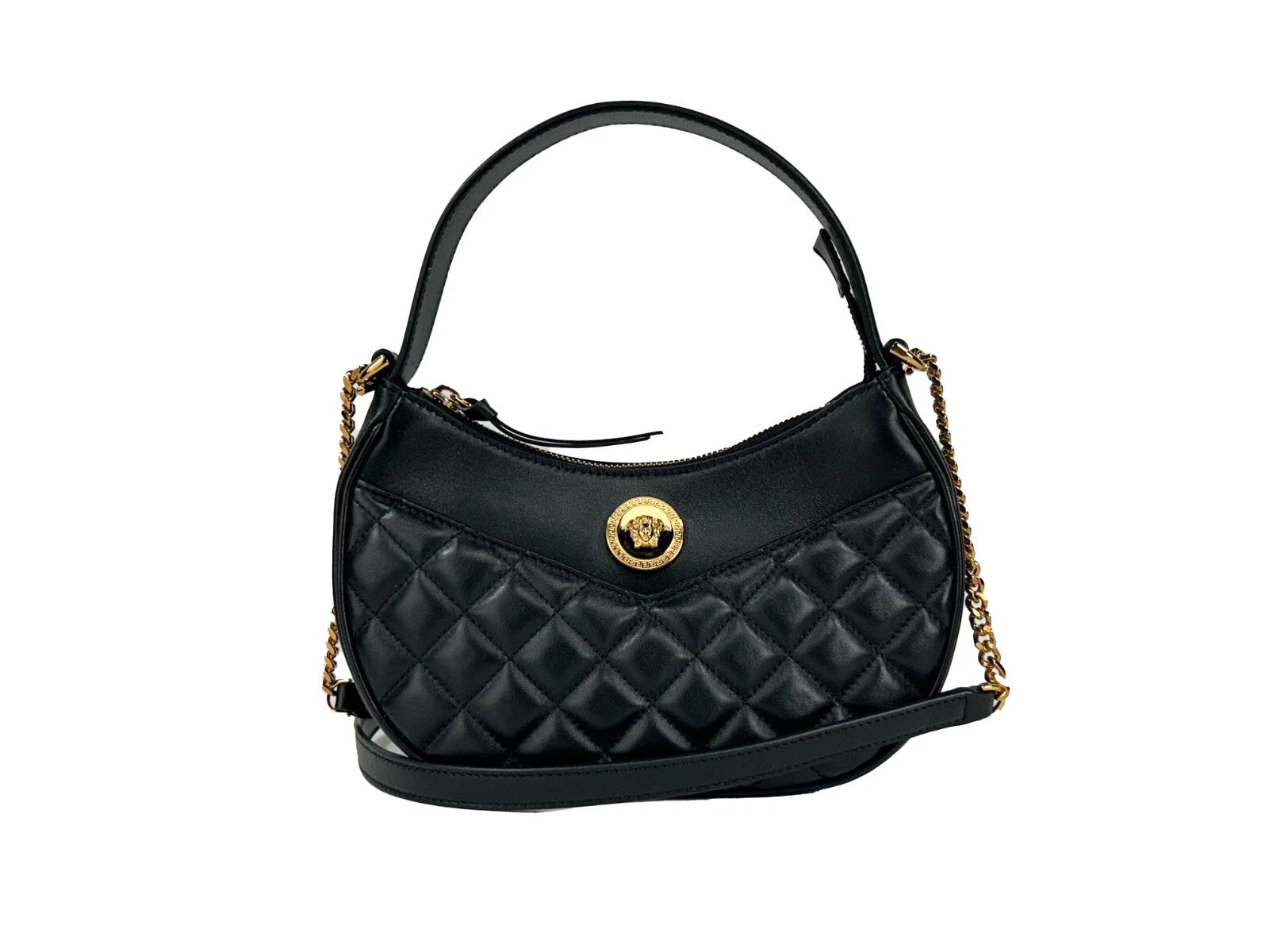 Versace Black Leather Half Moon Chain Crossbody Bag