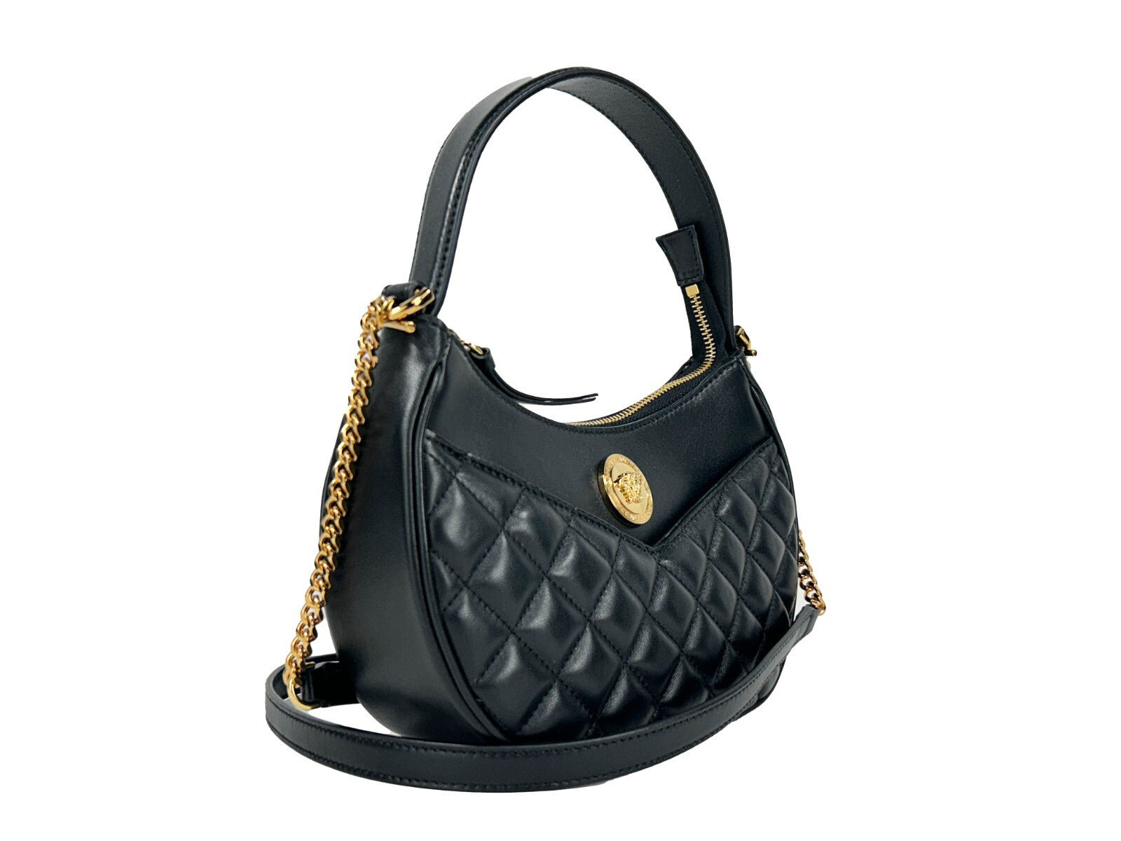 Versace Black Leather Half Moon Chain Crossbody Bag