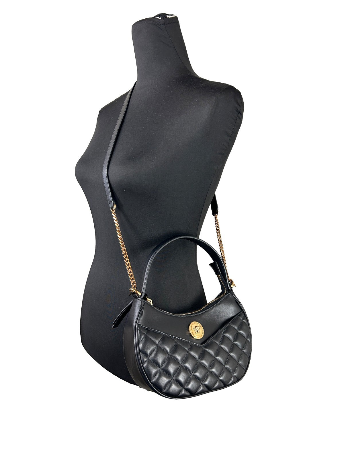 Versace Black Leather Half Moon Chain Crossbody Bag