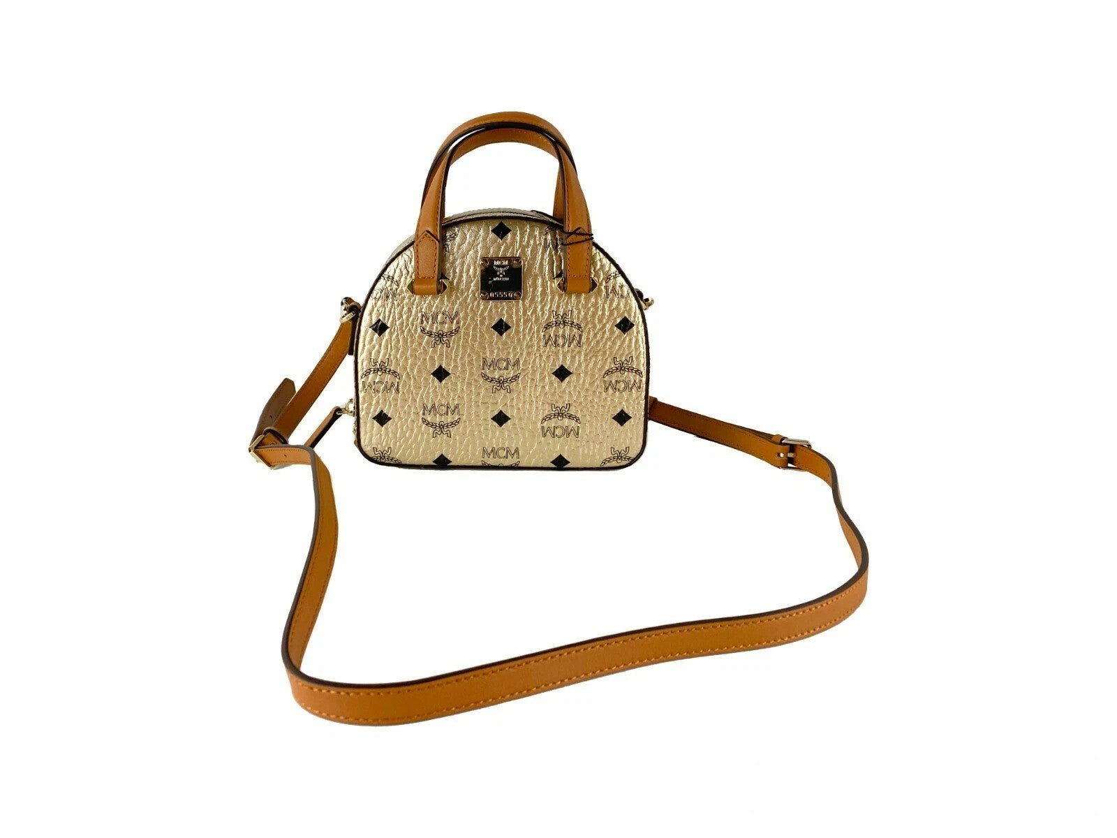 MCM Berlin Gold Leather Half Moon Mini Crossbody Bag