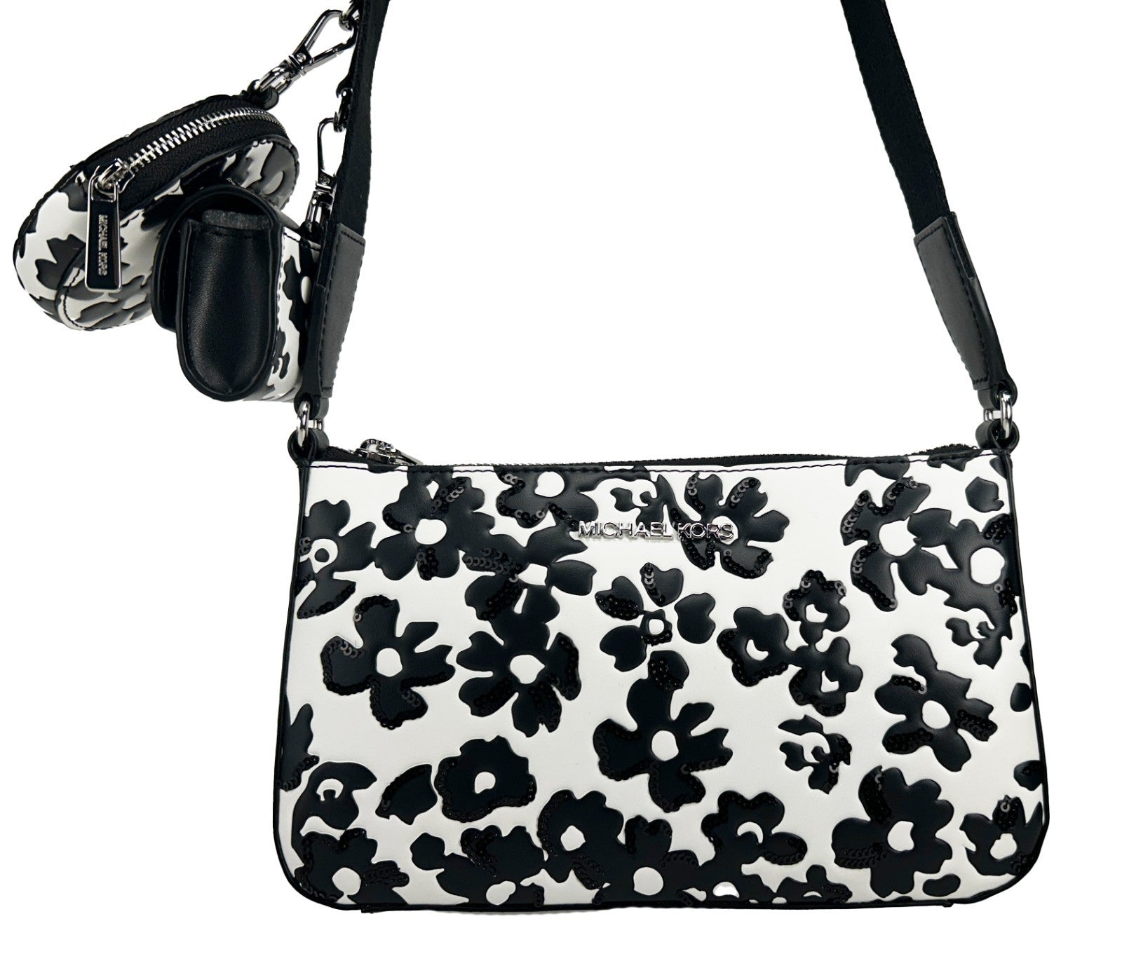 Michael Kors Black Leather Floral Crossbody Tech Bag