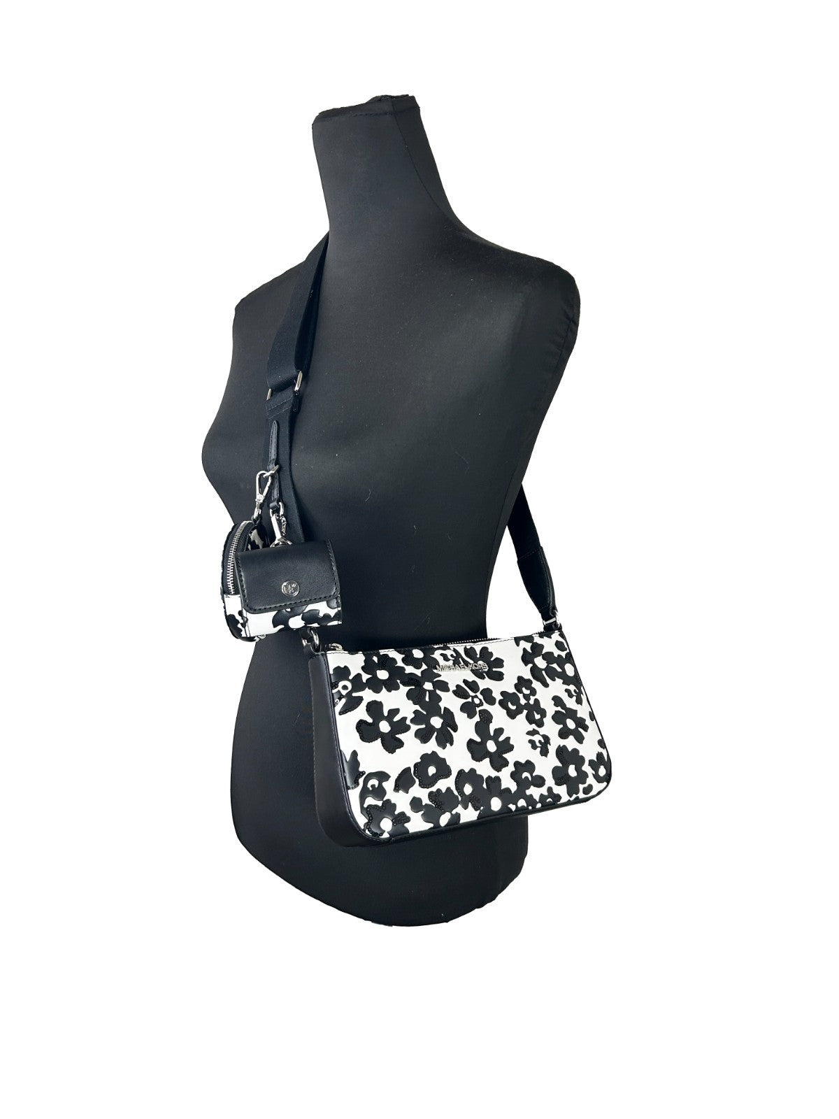 Michael Kors Black Leather Floral Crossbody Tech Bag