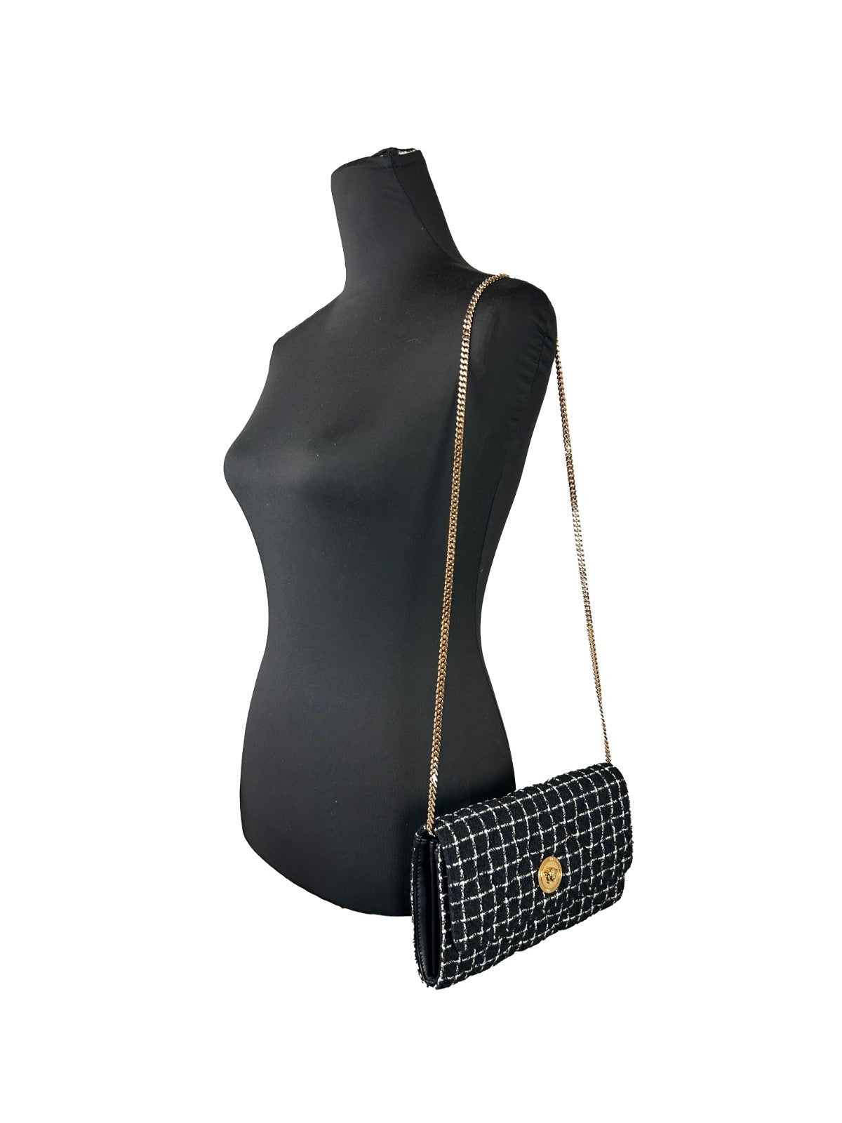 Versace Black Fabric Wallet On A Chain Crossbody Bag