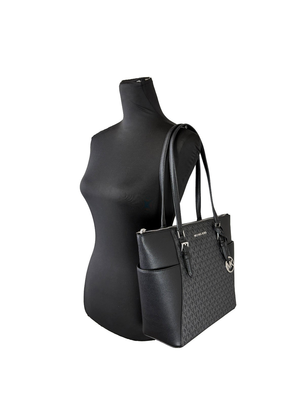 Michael Kors Charlotte Svart Signature Saffiano Läder Dragkedja Tote Väska