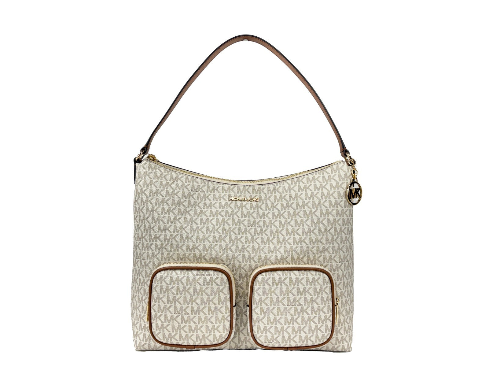 Michael Kors Merritt Large Cargo Shoulder Bag in Vanilla PVC and Leather
