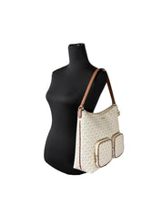 Michael Kors Merritt Large Cargo Shoulder Bag in Vanilla PVC and Leather