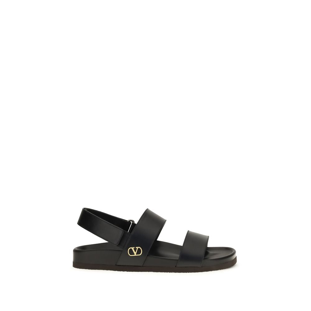 Valentino Garavani Black Calf Leather Flat Sandals