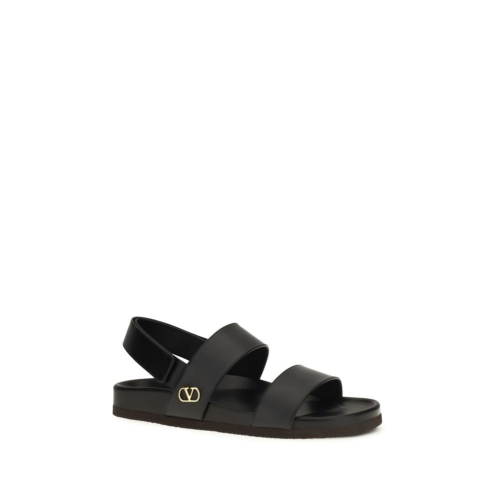 Valentino Garavani Black Calf Leather Flat Sandals