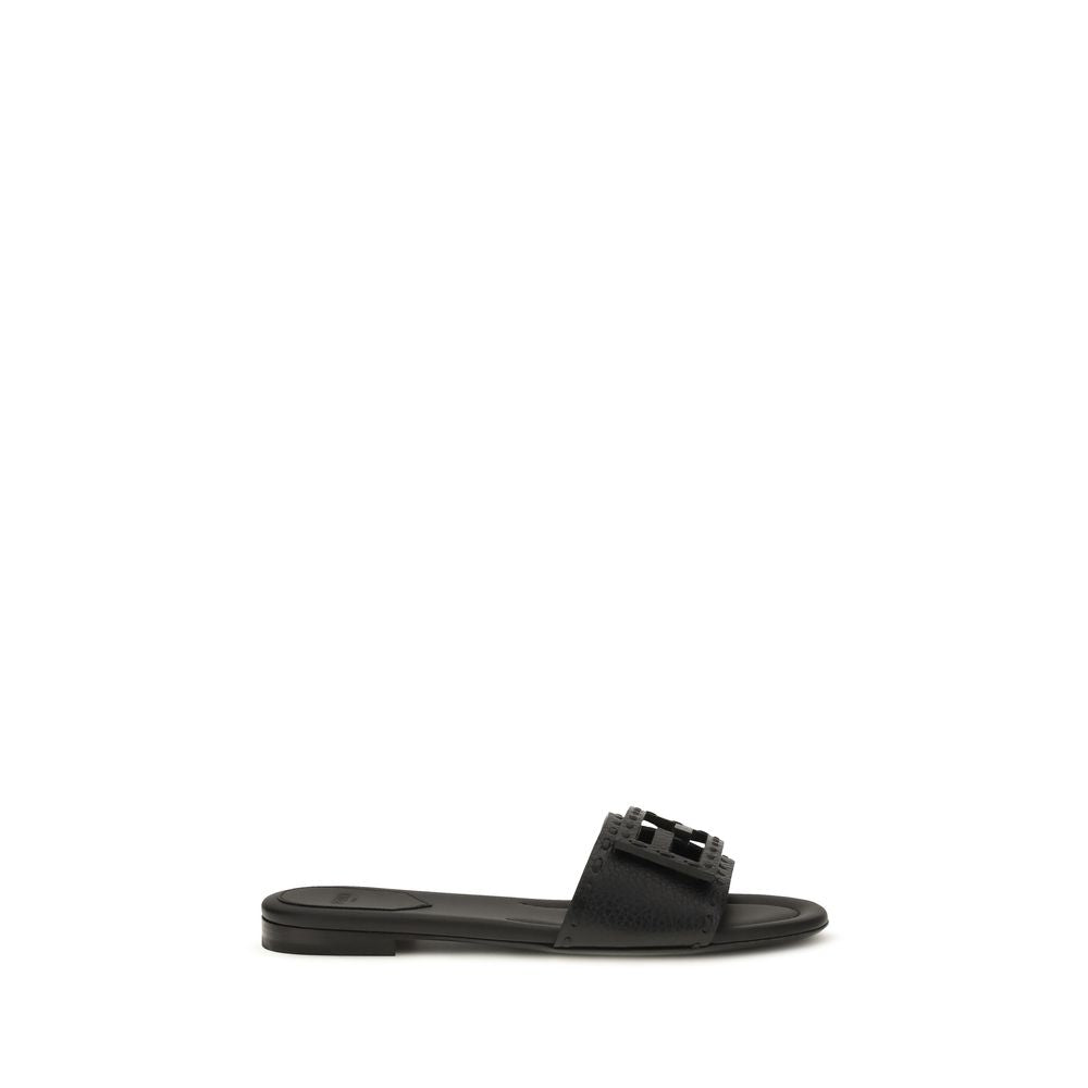Fendi Black Calf Leather Flat Sandals