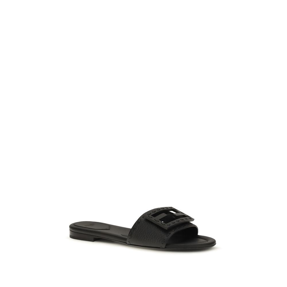 Fendi Black Calf Leather Flat Sandals
