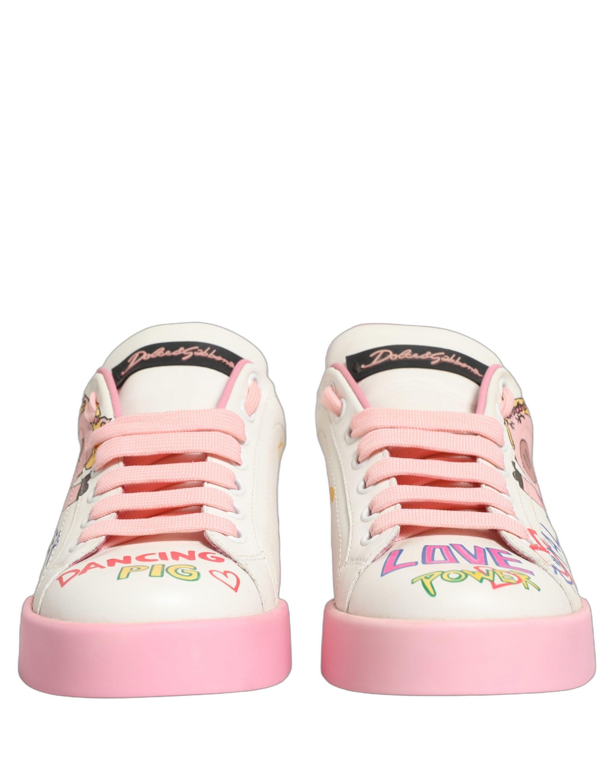 Dolce & Gabbana White Pink Calf Leather Low-Top Sneakers