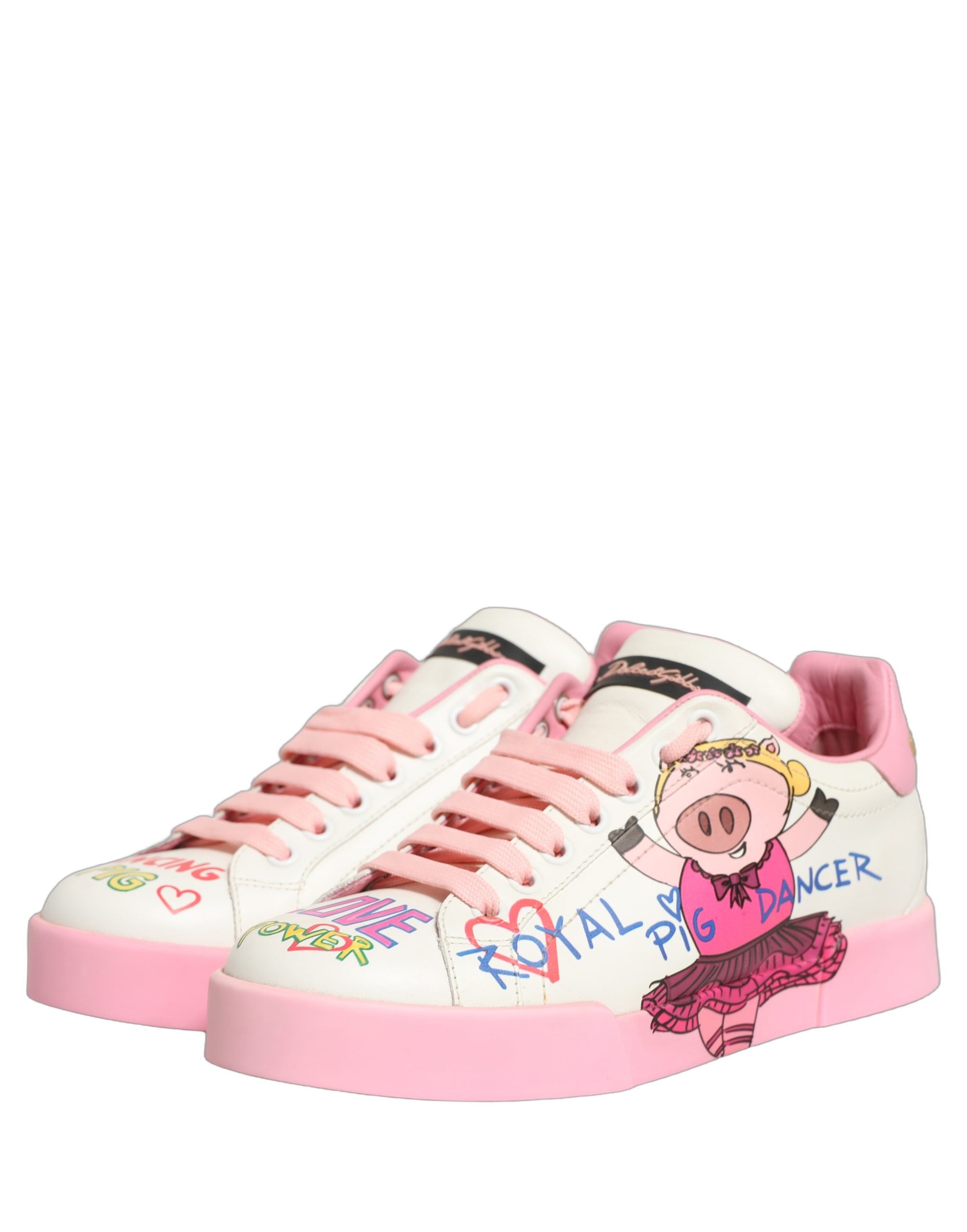 Dolce & Gabbana White Pink Calf Leather Low-Top Sneakers