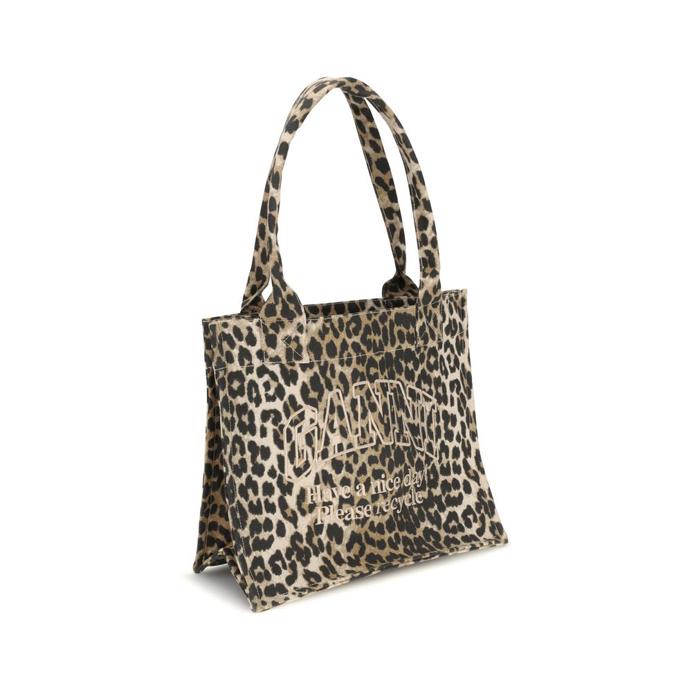 Ganni Brown Leopard Print Recycled Cotton Shoulder Bag